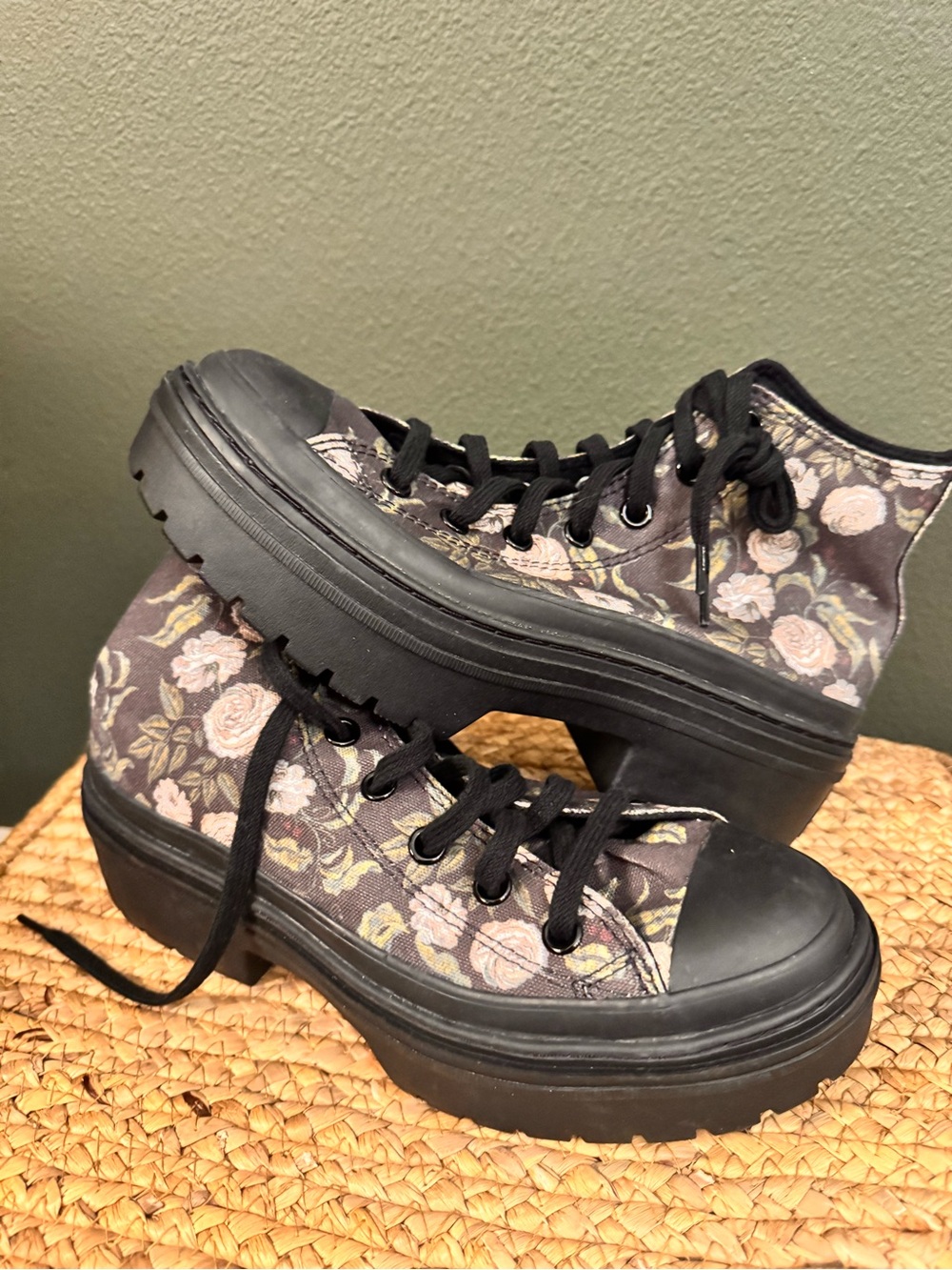 Converse Custom Black Floral Platform High-Top Sneakers